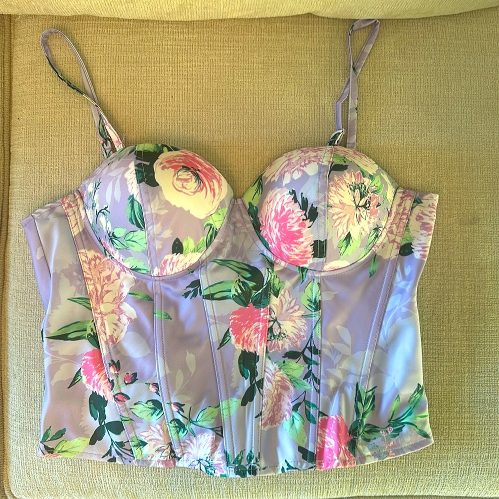 Purple floral corset top, with tags, size L
